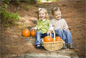 Brother-Sister-Children-Sitting-Wood-Steps-Pumpkins-2438051